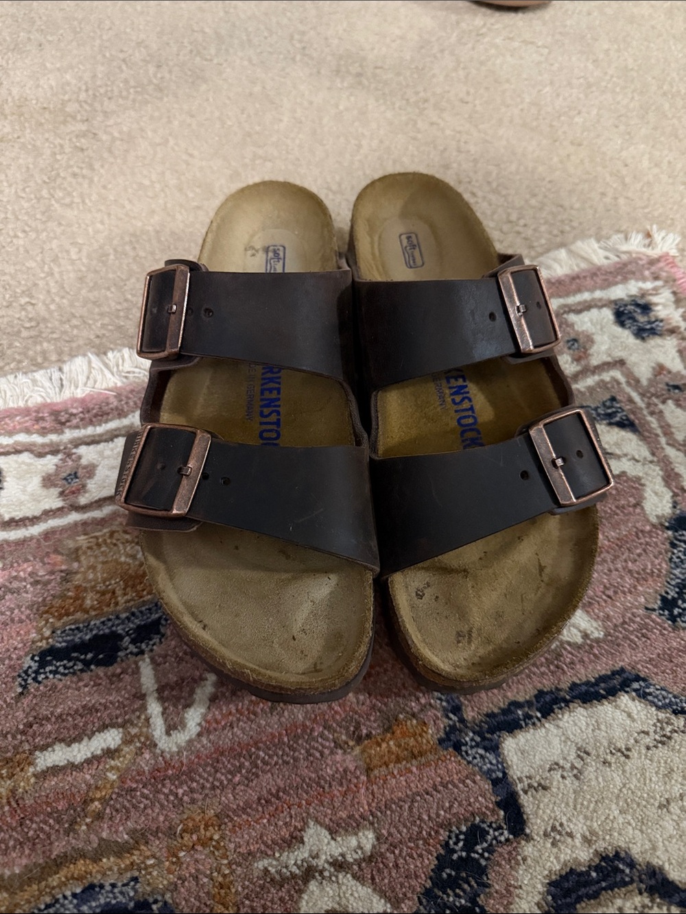 Birkenstock Arizona Two-Strap Sandals in Brown with Copper Buckles